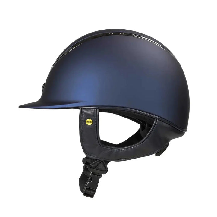 Side view of the Back On Track EQ3 Pardus Smooth Horse Riding Helmet with MIPS in blue, highlighting its ergonomic design and MIPS safety feature.