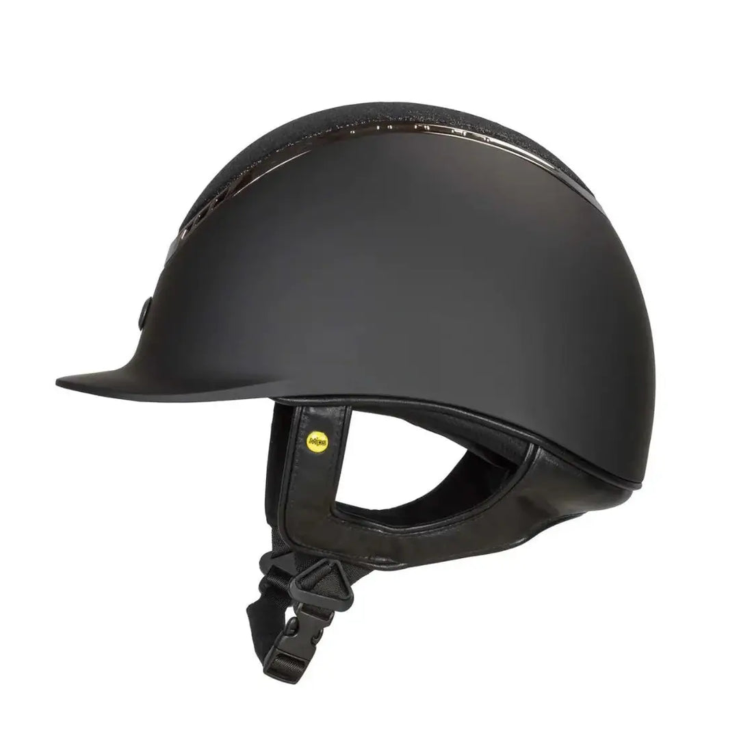 Back On Track EQ3 Pardus Smooth with Sparkle riding helmet featuring a matte black finish and a Sand bling accent with MIPS technology for safety.