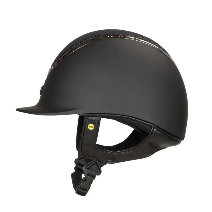Back On Track EQ3 Pardus Smooth with Sparkle riding helmet featuring a matte black finish and a Sand bling accent with MIPS technology for safety.