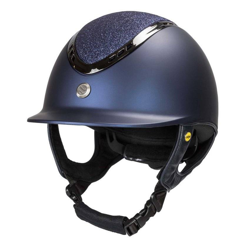 Back On Track EQ3 Pardus Smooth with Sparkle riding helmet featuring a matte navy finish, MIPS technology, and a sand sparkle accent.
