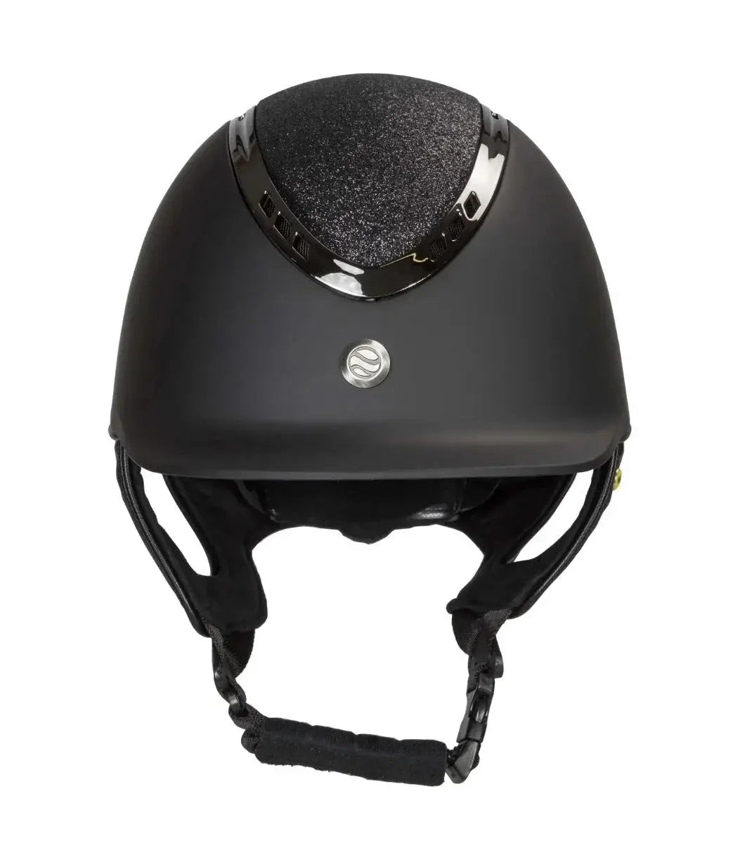 Back On Track EQ3 Pardus Smooth with Sparkle riding helmet featuring MIPS technology, matte black finish, and sand sparkle accent for equestrian use.