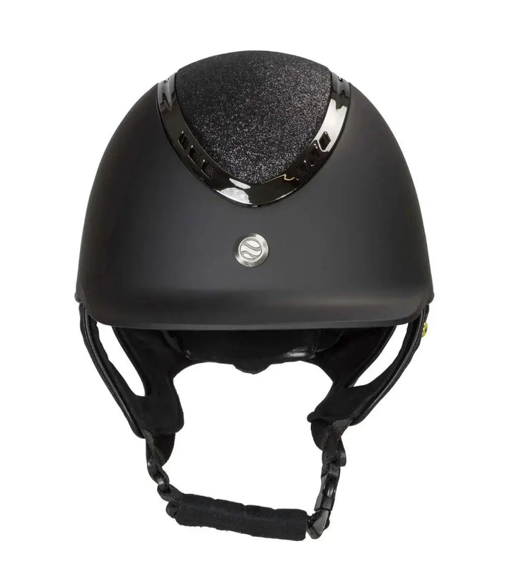 Back On Track EQ3 Pardus Smooth with Sparkle riding helmet featuring MIPS technology, matte black finish, and sand sparkle accent for equestrian use.