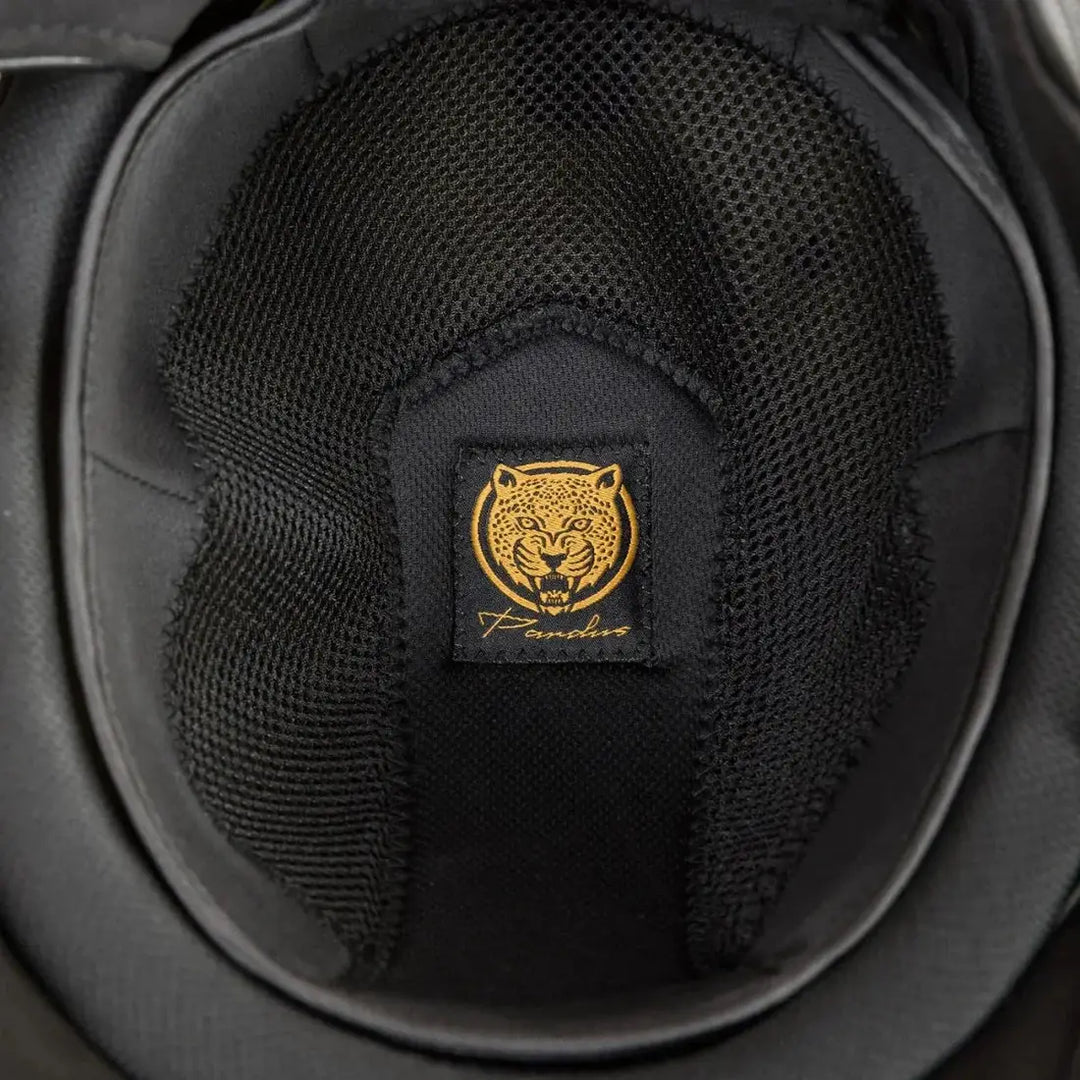 Interior view of the Back On Track EQ3 Pardus Smooth with Sparkle riding helmet, showcasing breathable black mesh lining and a gold Pardus logo.