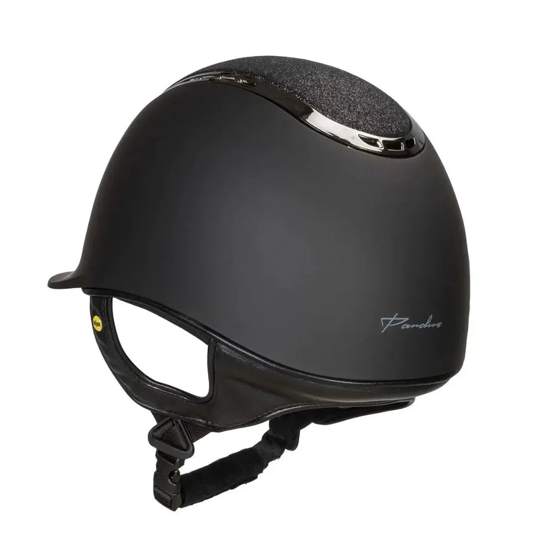 Back On Track EQ3 Pardus Smooth with Sparkle helmet featuring a matte black finish, Sand sparkle accent, and MIPS technology for enhanced safety.