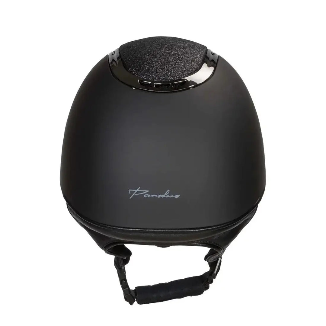 Back On Track EQ3 Pardus Smooth with Sparkle riding helmet featuring a matte black finish and a sand sparkle accent on top. Designed with MIPS technology for enhanced safety.