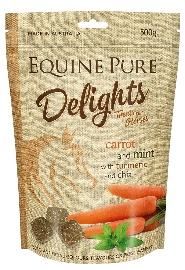 Equine Pure Delights carrot and mint horse treats with turmeric and chia. Healthy and natural with zero artificial colors, flavors, or preservatives.