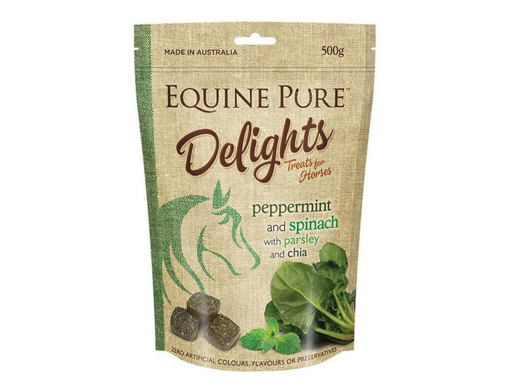 Equine Pure Delights peppermint and spinach horse treats with parsley and chia. Made with zero artificial colors, flavors, or preservatives.