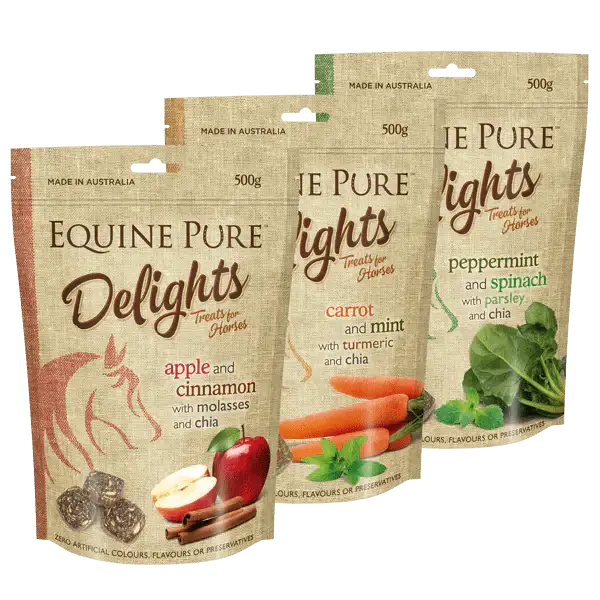 Equine Pure Delights horse treats in three flavors: apple and cinnamon, carrot and mint, and peppermint and spinach. Made with zero artificial nasties.