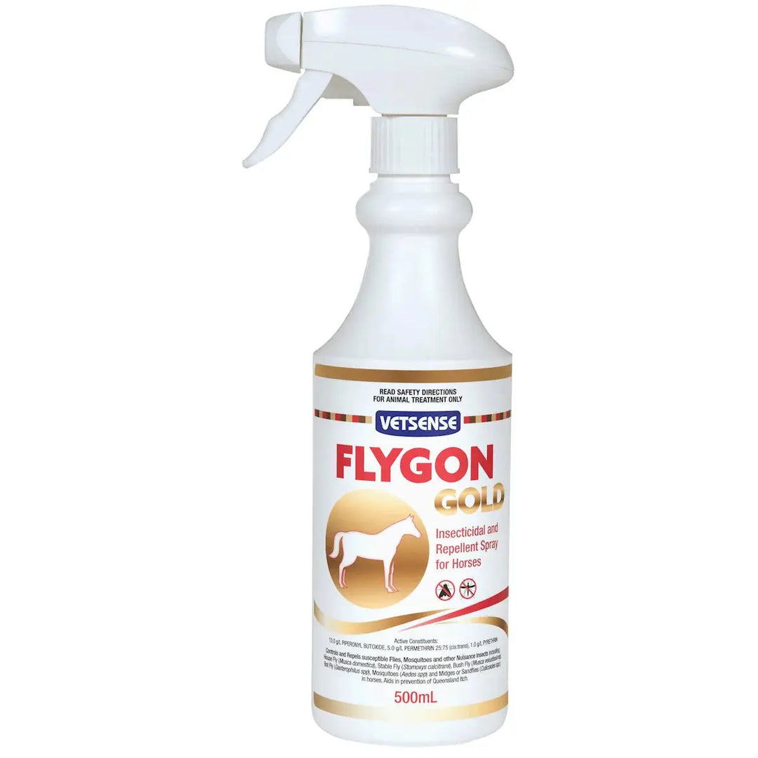 Vetense Flygon GOLD horse fly spray in a 500mL white spray bottle with gold and red label, designed for insect repellent use on horses.