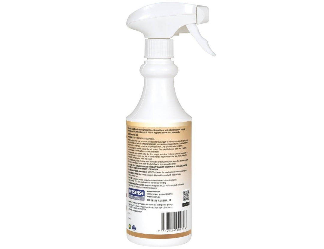 Back view of Vetense Flygon GOLD horse fly spray bottle showing detailed product instructions and manufacturing information.