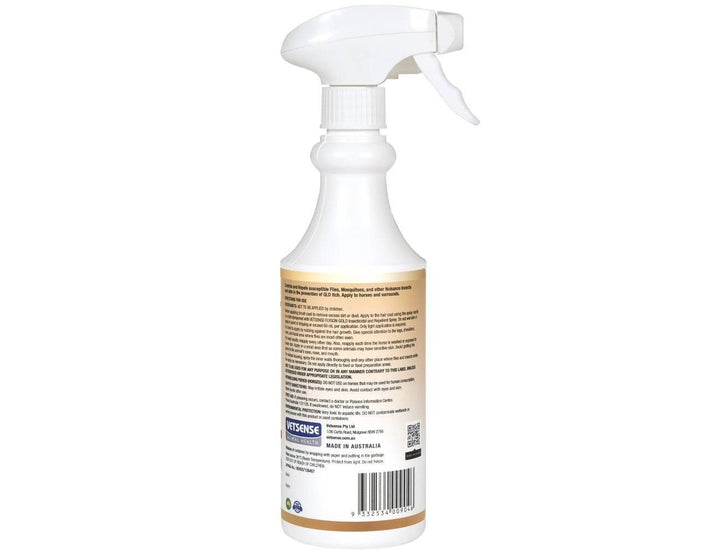 Back view of Vetense Flygon GOLD horse fly spray bottle showing detailed product instructions and manufacturing information.