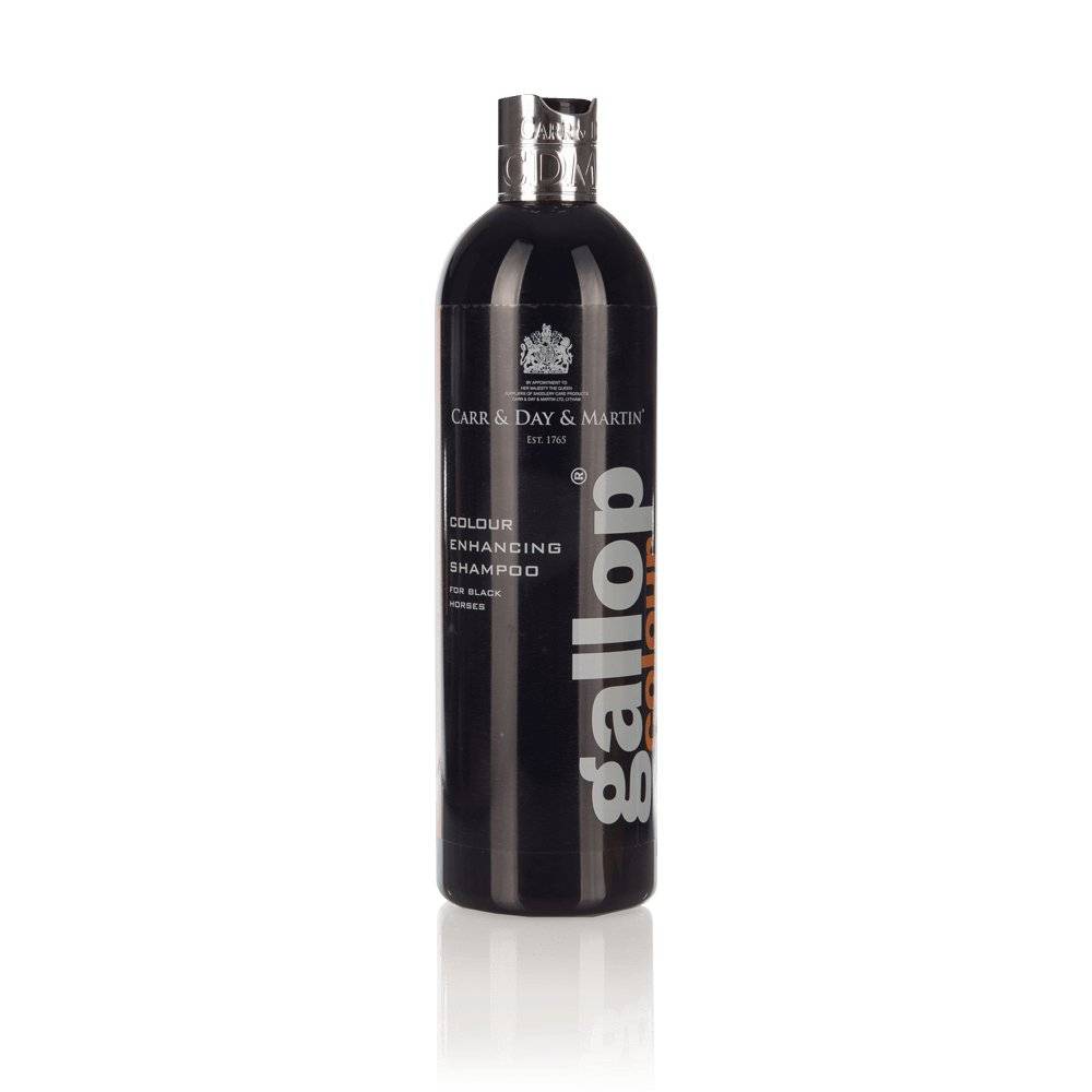 Gallop Colour Enhancing Shampoo for Black Horses in a sleek black bottle, designed to enhance the natural shine of black horse coats.