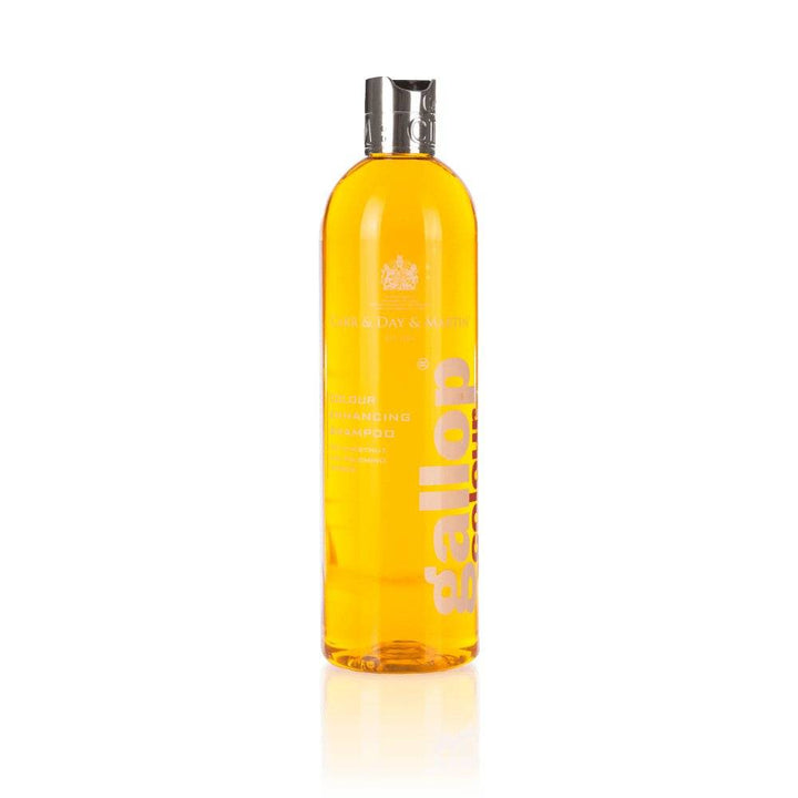 Gallop Colour Enhancing Shampoo for Horses in a chestnut and palomino formula, featuring a sleek orange bottle with a silver cap.