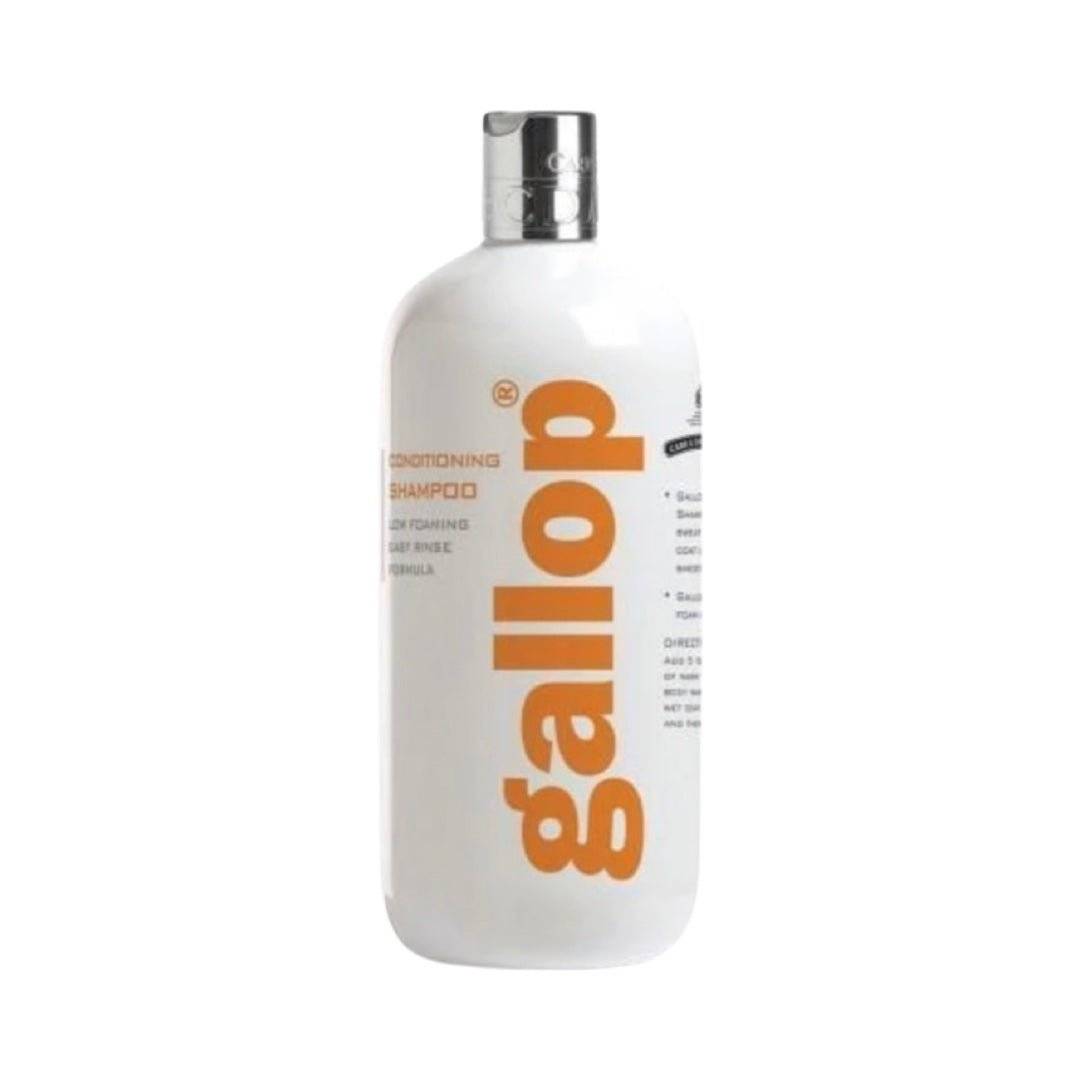 Gallop Conditioning Shampoo for horses in a white bottle with orange branding, ideal for removing dirt, sweat, and grease while conditioning the coat.
