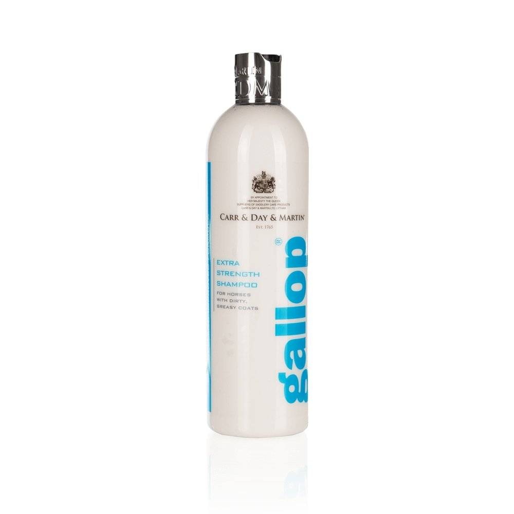 Gallop Extra Strength Shampoo for horses in a sleek white bottle with blue branding, ideal for removing stubborn stains and grime from horse coats.