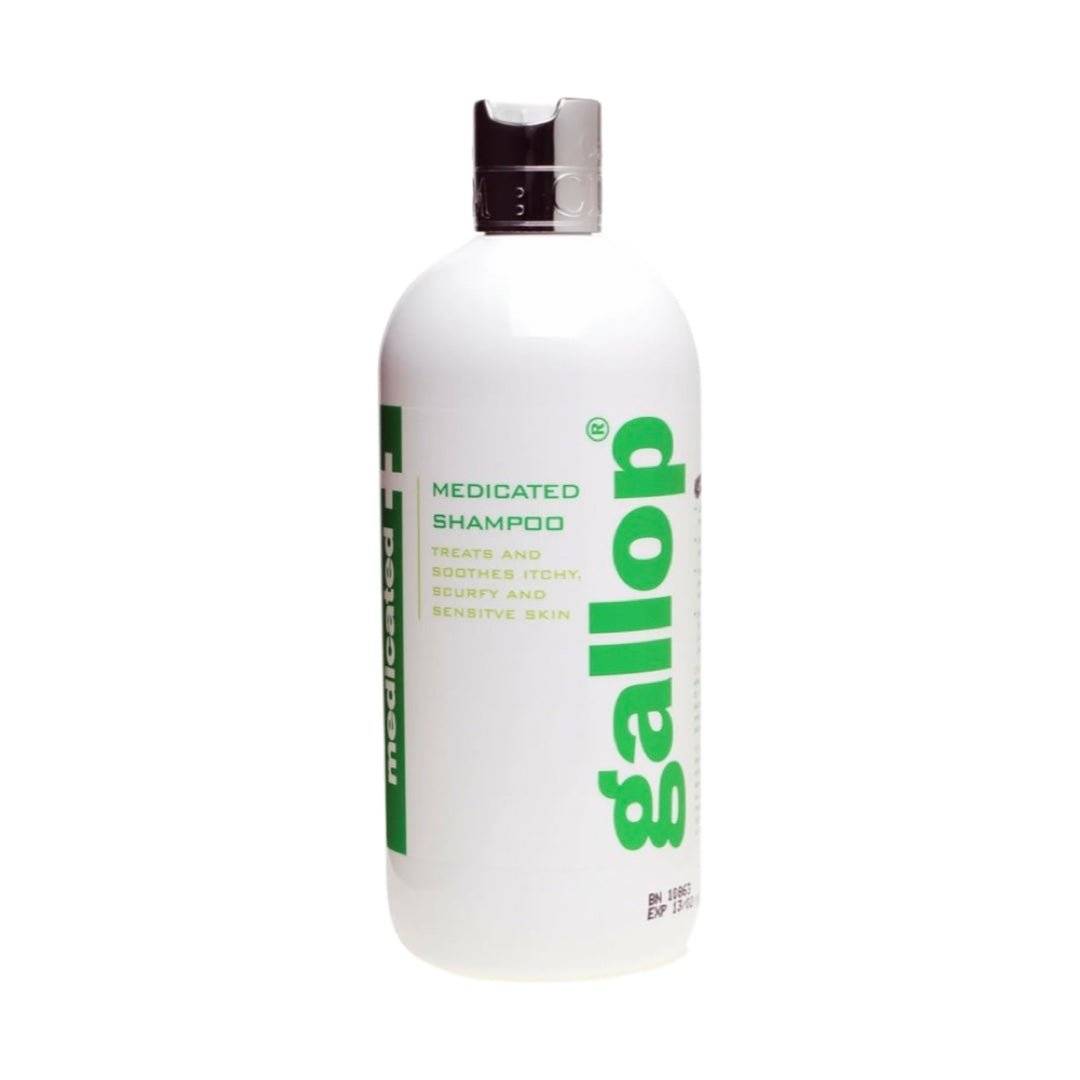 Gallop Gallop Clean & Clear Shampoo for horses in a white bottle with green text, designed to treat itchy, dry, and sensitive skin.