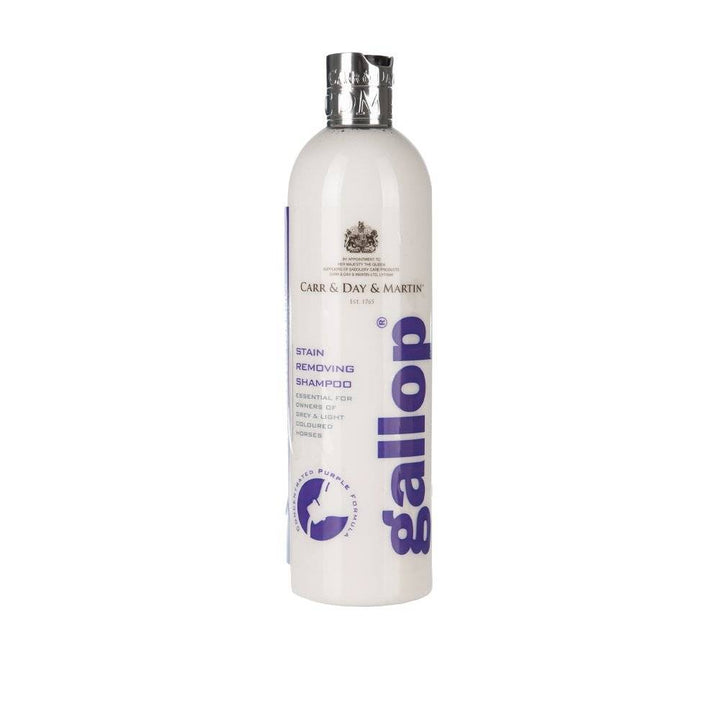 Gallop Stain Removing Shampoo in a white bottle with purple text, designed for removing tough stains from horse coats. Ideal for equestrian grooming.