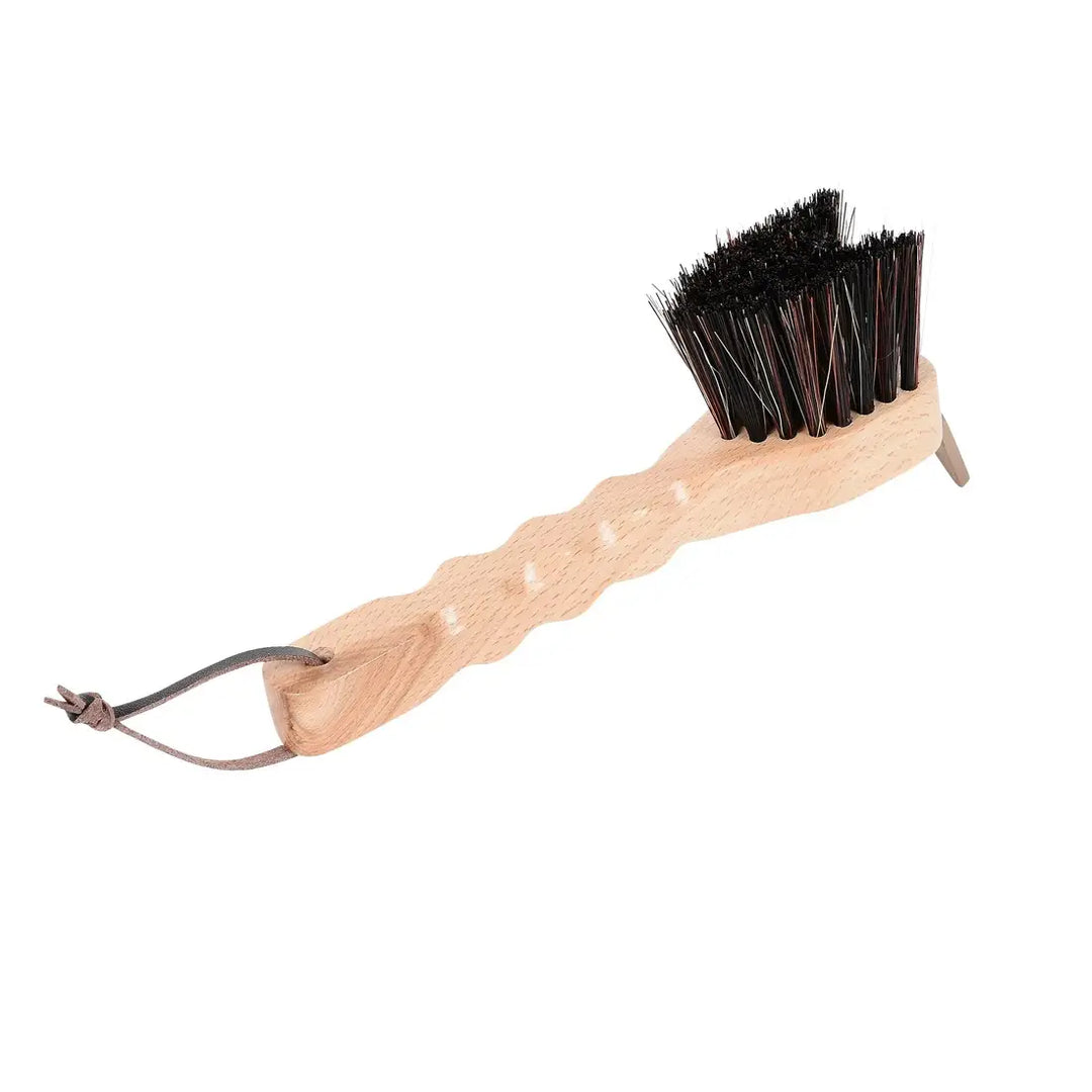 Curved wooden brush with natural bristles, part of the Ultimate Brush Kit for premium horse grooming.