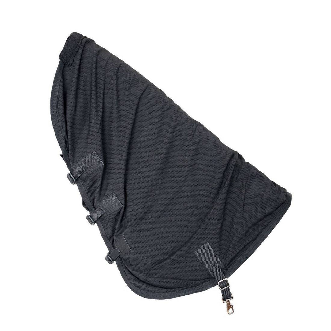 Black Horse Mesh Neck Rug with adjustable straps, designed for therapeutic relief and improved circulation.
