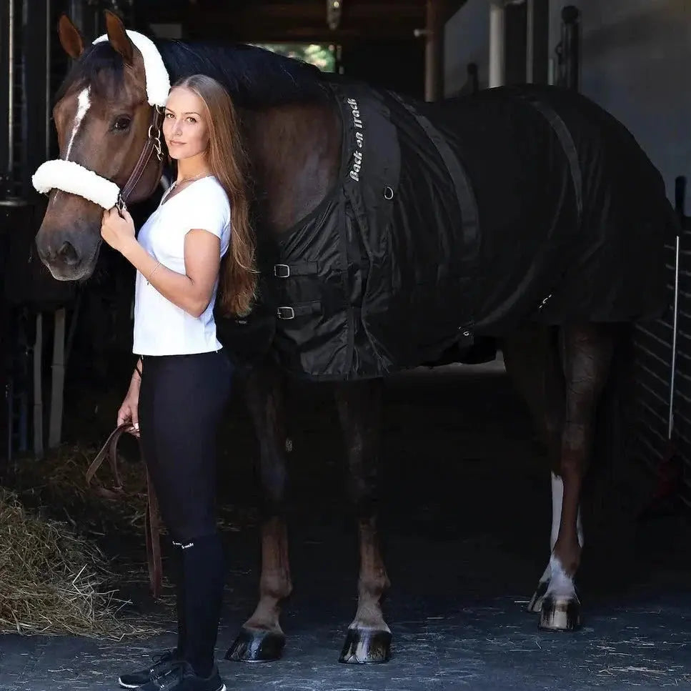 Therapeutic Horse Mesh Rug by Back On Track Australia on a horse with a handler, ideal for relieving sore backs and stiffness.