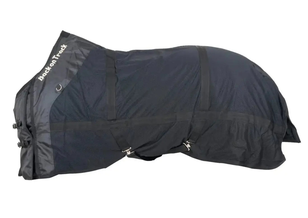Black Therapeutic Horse Mesh Rug by Back On Track Australia, featuring adjustable straps and breathable material for equine therapy.