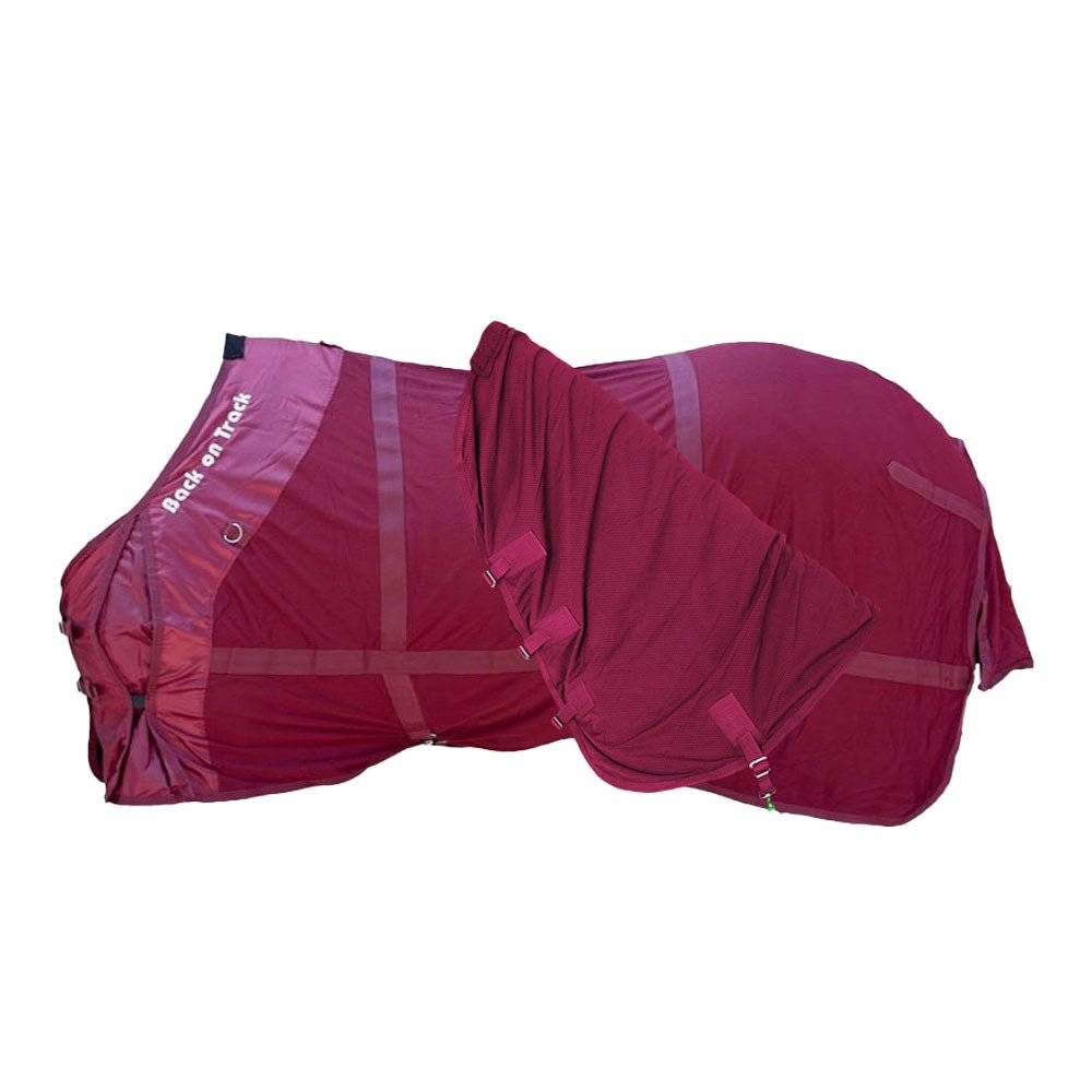 Red Therapeutic Horse Mesh Rug by Back On Track Australia shown folded and unfolded, designed for muscle relief and comfort.