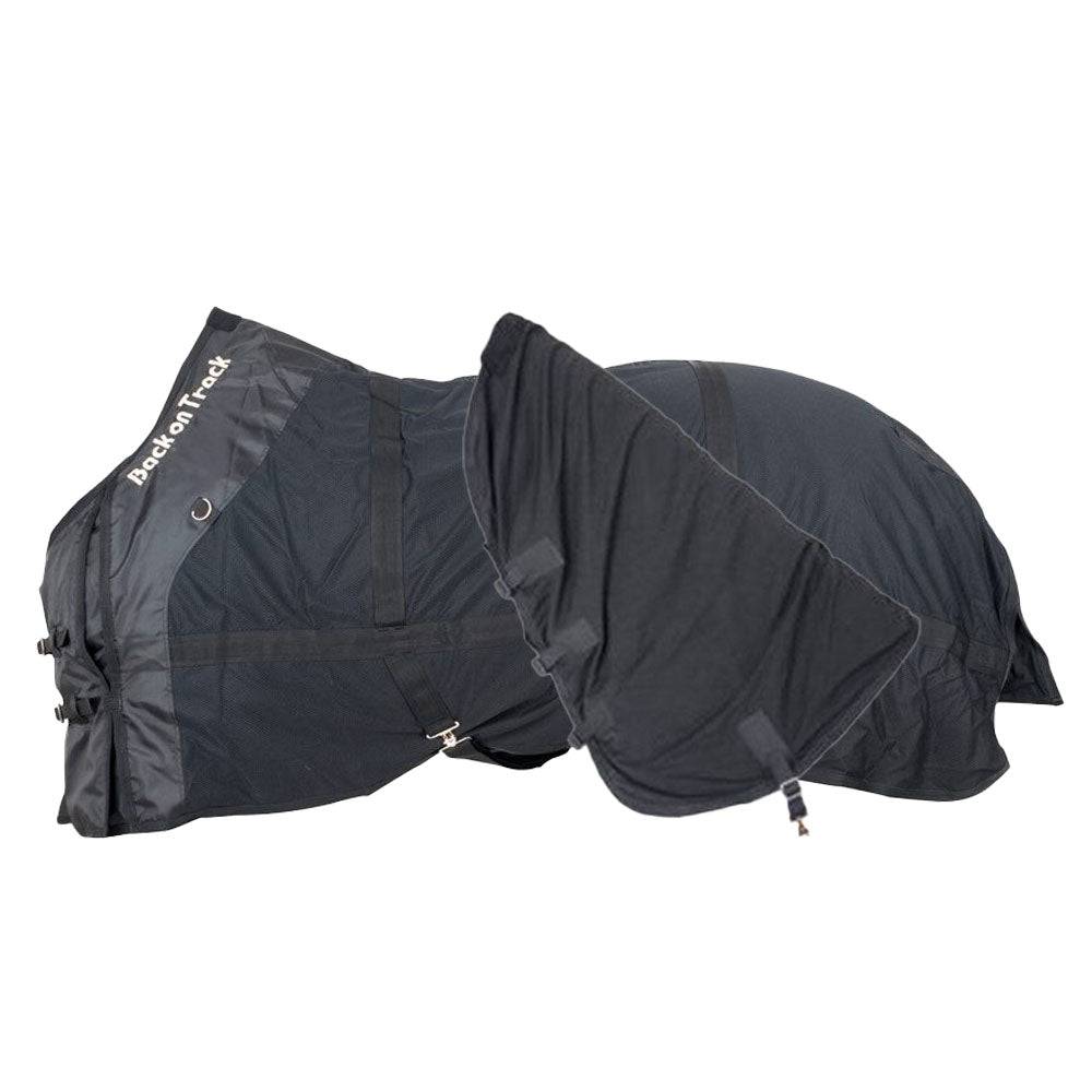 Black Therapeutic Horse Mesh Rug by Back On Track Australia shown folded and unfolded, highlighting its durable and breathable design.