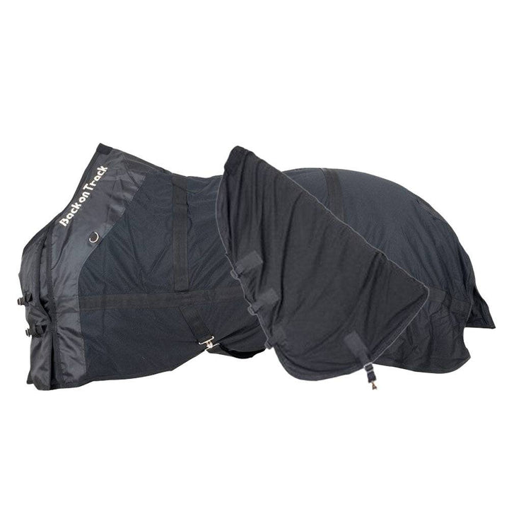 Black Therapeutic Horse Mesh Rug by Back On Track Australia shown folded and unfolded, highlighting its durable and breathable design.