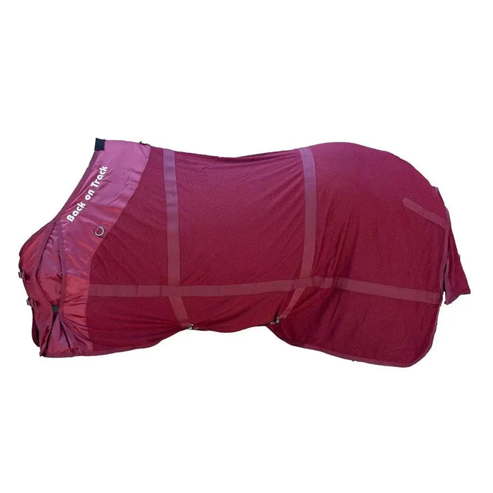 Red Therapeutic Horse Mesh Rug by Back On Track Australia, featuring breathable material and adjustable straps for equine therapy.