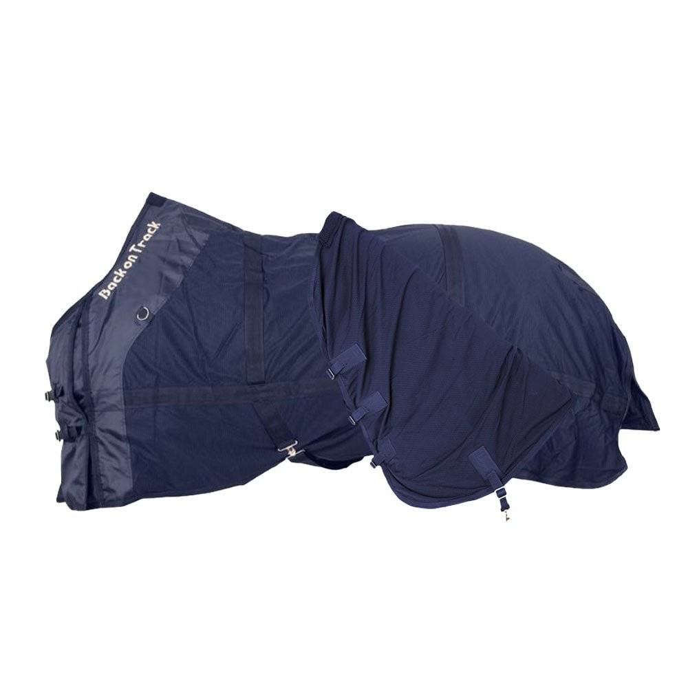 Navy Therapeutic Horse Mesh Rug by Back On Track Australia shown folded and unfolded, highlighting its therapeutic and durable design.