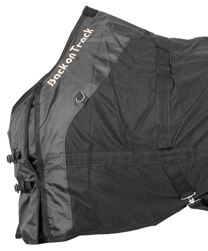 Close-up of the Therapeutic Horse Mesh Rug by Back On Track Australia, showcasing its adjustable straps and embroidered branding.