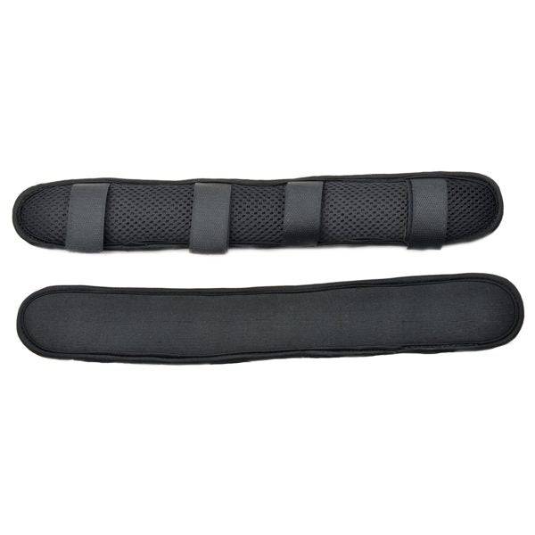 Set of two therapeutic poll covers with soft padding and breathable mesh, designed for equestrian use to aid stressed horses.