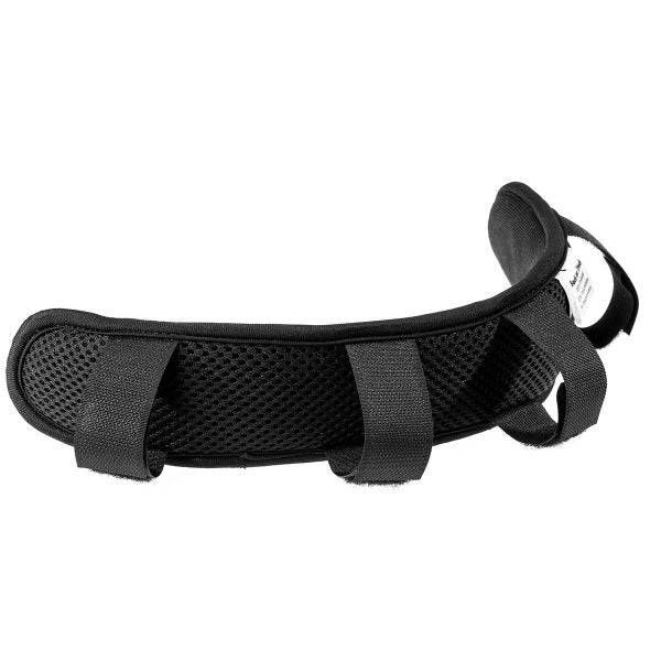 Black therapeutic poll cover featuring durable straps and soft padding for evenly distributing pressure on a horse's poll.