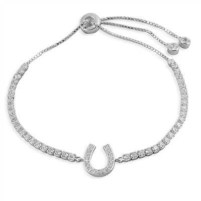 Kelly Herd Horseshoe Bolo Bracelet in sterling silver with cubic zirconia stones. Elegant tennis bracelet design featuring a horseshoe motif.