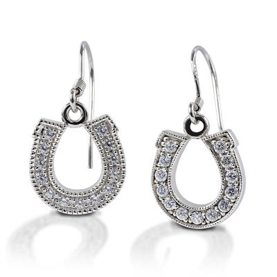 Kelly Herd Dangle Horseshoe Earrings in sterling silver with cubic zirconia stones, featuring a hook-style post and elegant horse-inspired design.