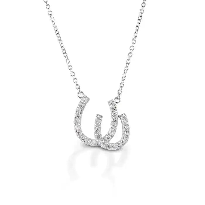 Kelly Herd Double Horseshoe Necklace featuring sterling silver with CZ stones on an adjustable chain, perfect for women's equine jewelry.