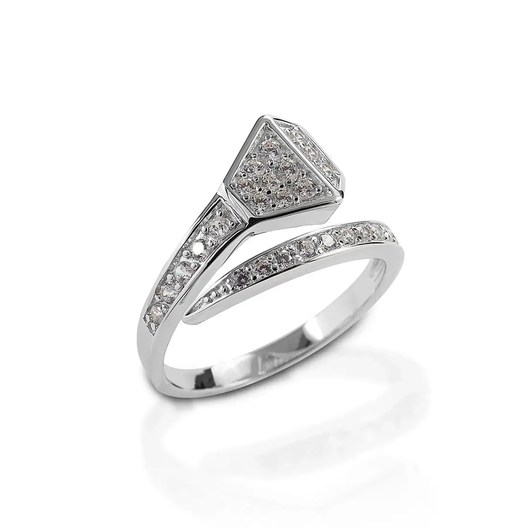 Kelly Herd Offset Horseshoe Nail Ring in sterling silver with pavé set cubic zirconia stones. Unique equestrian-inspired jewelry design.