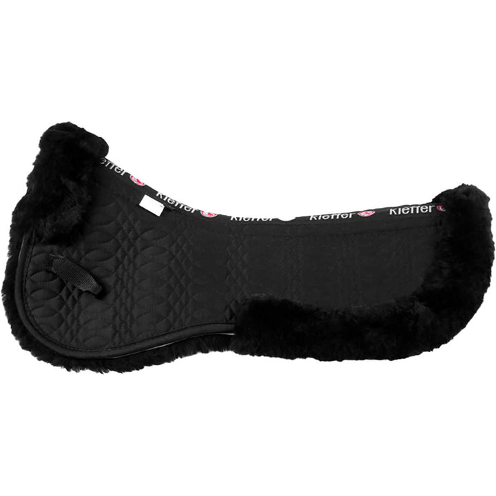 Black Kieffer Merino Fleece Half Pad with soft merino sheepskin trim and ergonomic design for horse tack comfort.