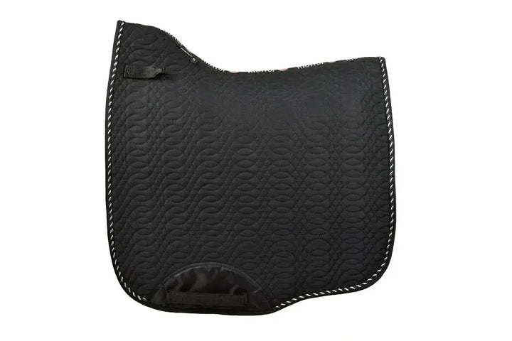 Black dressage-style Kieffer Saddle Pad with a rectangular shape, quilted texture, and secure girth straps.