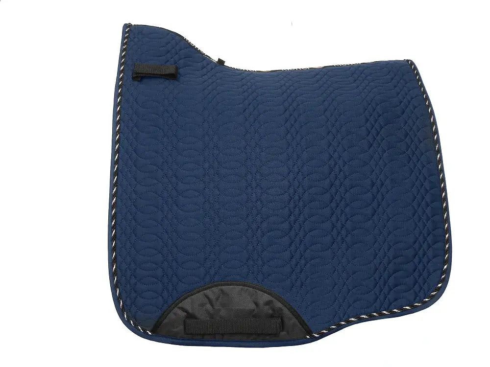 Blue dressage-style Kieffer Saddle Pad with a rectangular shape, quilted texture, and durable girth straps.