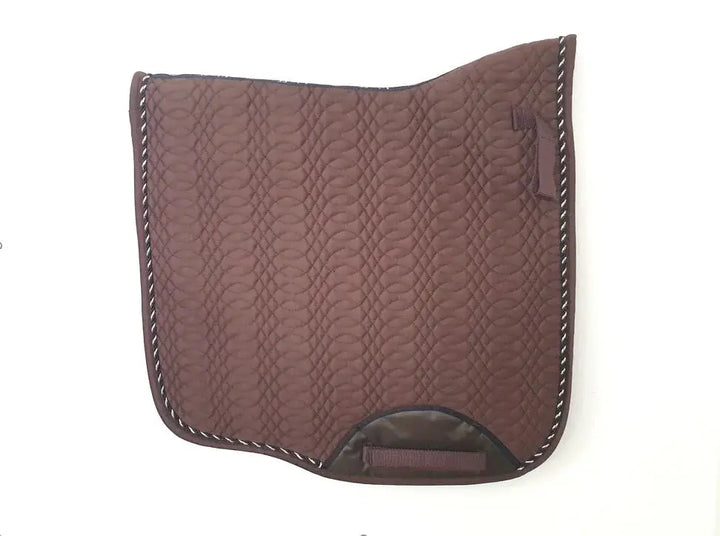 Brown dressage-style Kieffer Saddle Pad with a rectangular shape, quilted texture, and secure girth straps.