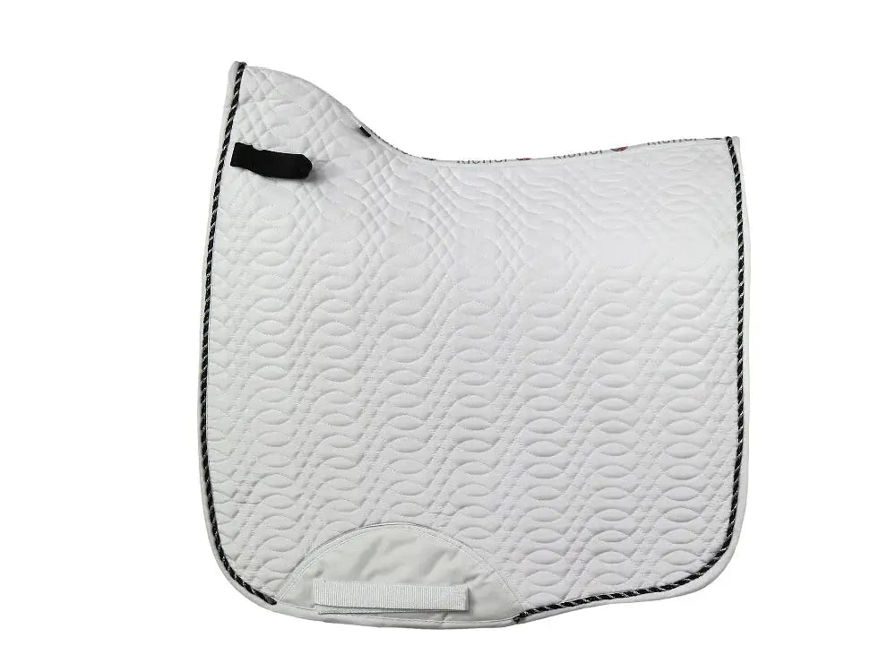 White dressage-style Kieffer Saddle Pad with a wavy quilted design and durable girth straps for secure fit.