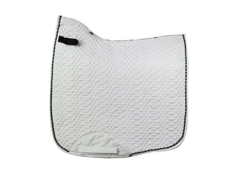 White dressage-style Kieffer Saddle Pad with a wavy quilted design and durable girth straps for secure fit.