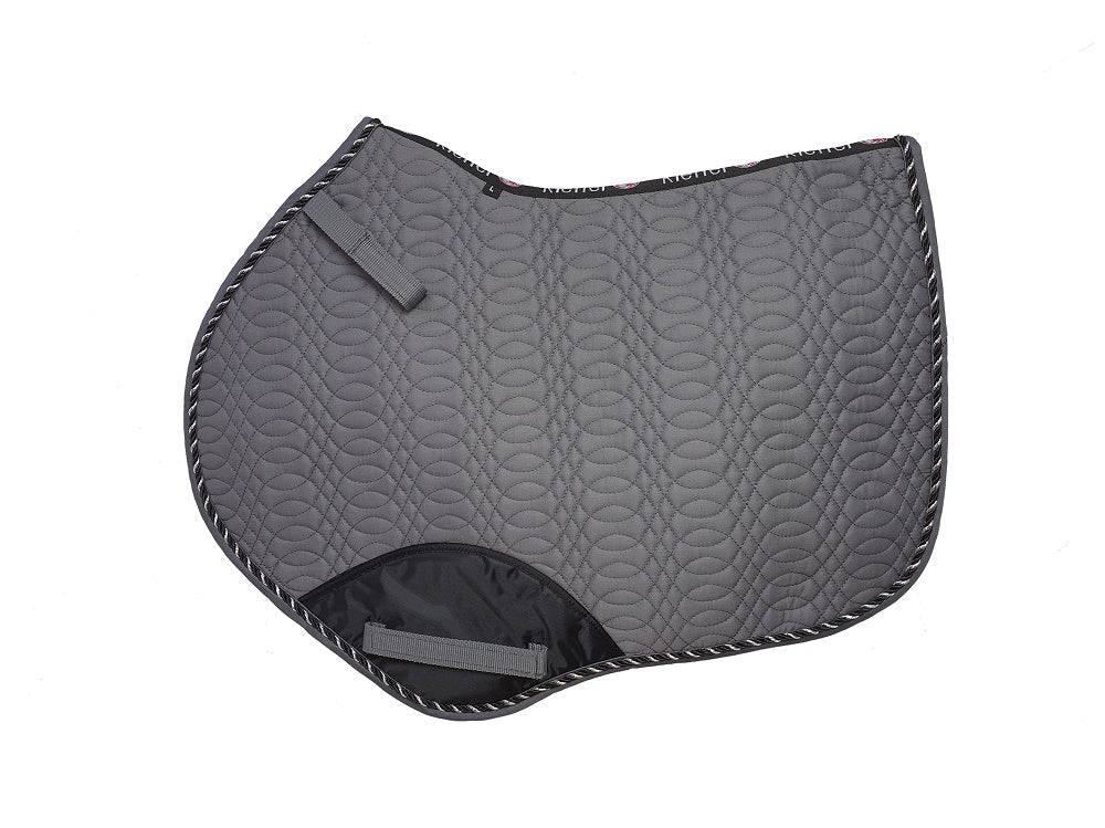 Gray Kieffer Saddle Pad with a contoured shape, quilted design, and reinforced girth area for dressage and jumping.