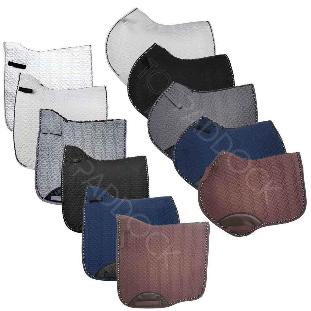 Kieffer Saddle Pads in various colors including white, black, gray, blue, and brown, designed for dressage and jumping disciplines.