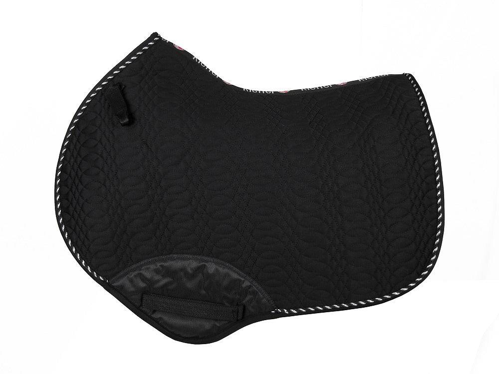 Black Kieffer Saddle Pad with a contoured design, quilted pattern, and reinforced girth area for equestrian activities.