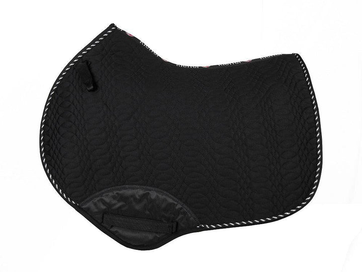 Black Kieffer Saddle Pad with a contoured design, quilted pattern, and reinforced girth area for equestrian activities.