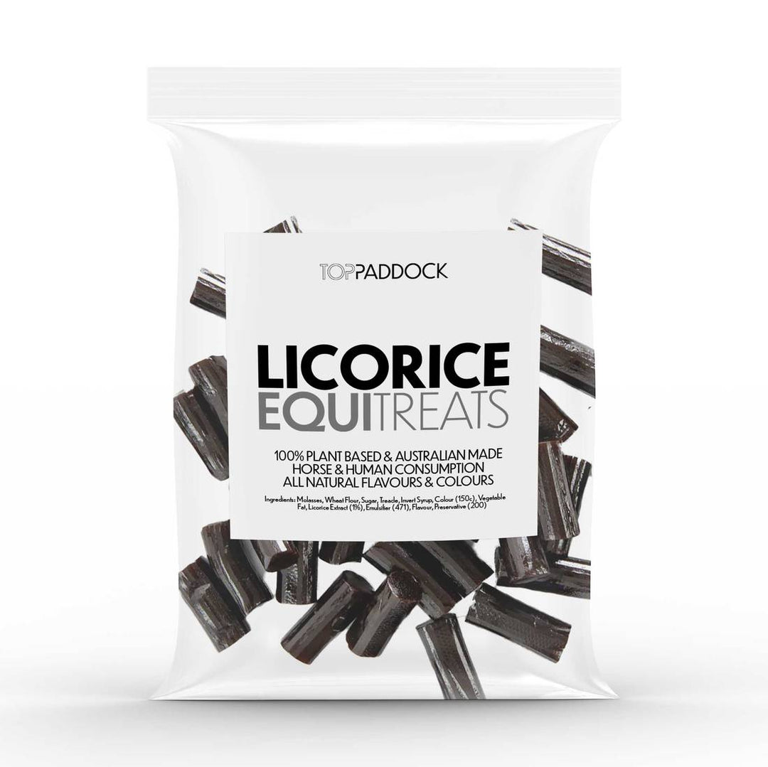 Licorice Equi-Treats in a clear resealable bag with black licorice pieces, labeled as plant-based and human-grade for horses.