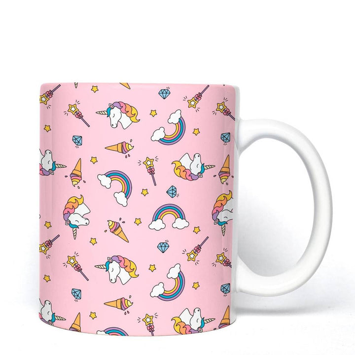 Magical Unicorn Mug with pink background featuring colorful unicorns, rainbows, stars, and ice cream cones. Perfect for unicorn lovers and equestrian gifts.