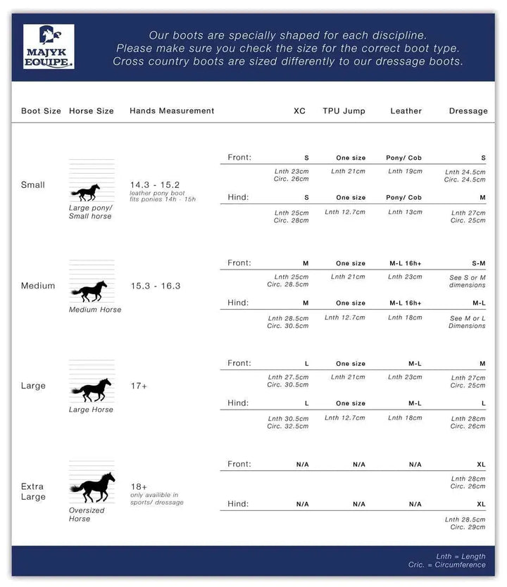 Majyk Equipe Colour Elite XC Boots size chart detailing measurements for small, medium, large, and extra-large horse sizes.